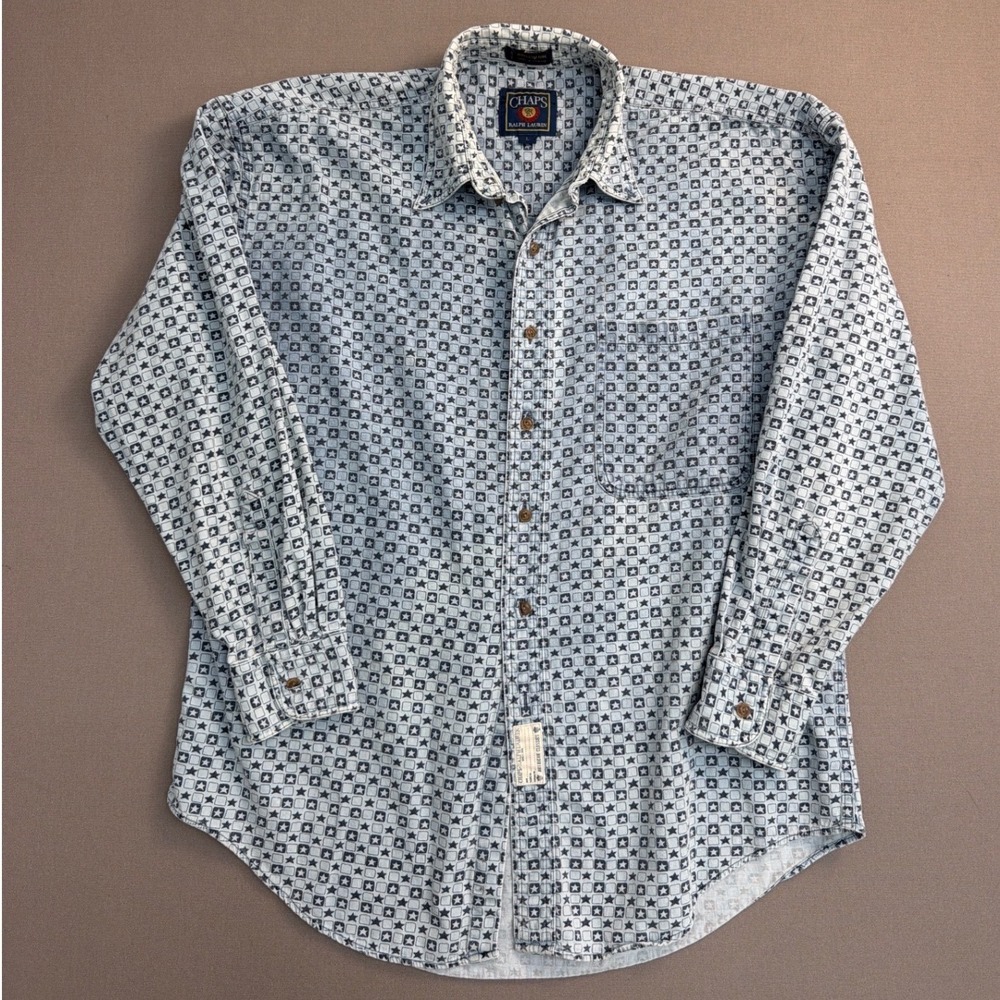 Chaps Ralph Lauren Mens Large Vintage Star Print Cotton Button Down Shirt Blue